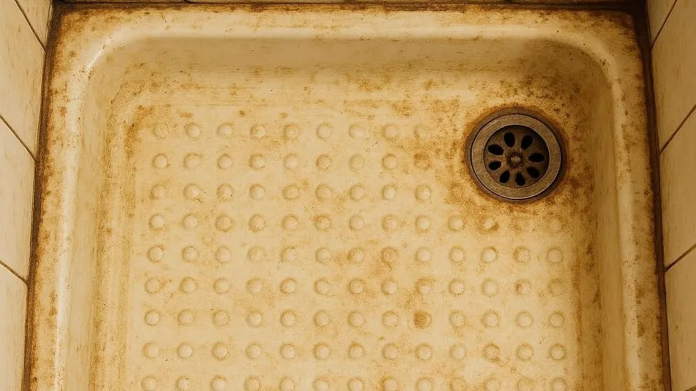 Heavily stained shower base with brown discoloration, rust stains, and severe deterioration before reglazing